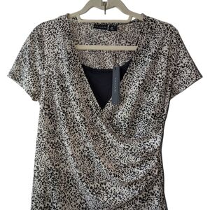 TAHARI WOMEN'S BLACK AND CREAM PATTERNED BLOUSE SIZE M